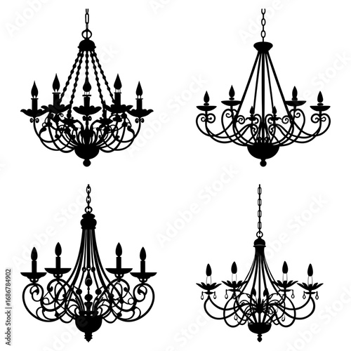 Four elegant chandeliers in silhouette style showcasing different designs and decorative elements on white