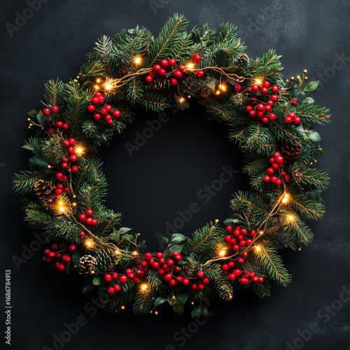 Festive Wreath Adorned With Ornaments and Lights Set Against a Black Background.