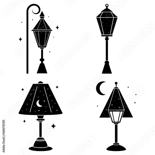 Illustration of four different types of lamps with stars and moon in a black and white design style