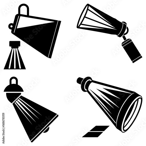 Collection of four black and white spotlight illustrations with different orientations and light patterns