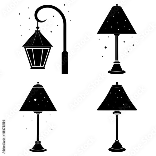 Illustration featuring a vintage street lamp and three table lamps with conical shades in black and white
