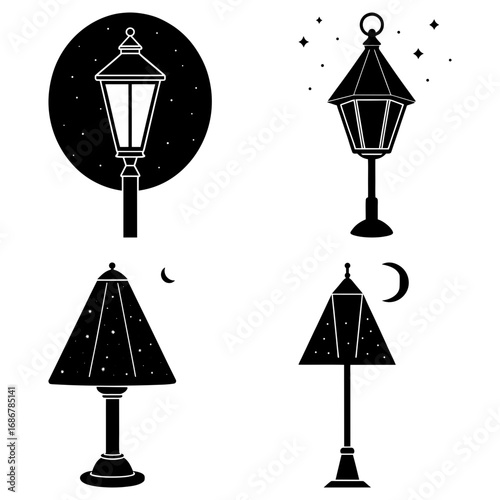 Four stylized black and white lamps with stars and moon in the night sky vector illustration set design