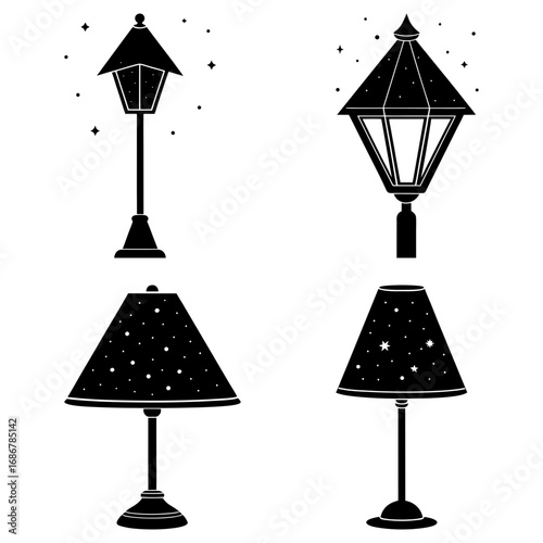 Illustration of two street lamps and two table lamps with star patterns on a white background