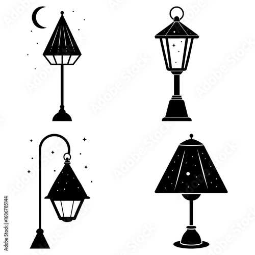 Illustration of four different style lamps including street lamps and table lamps in black and white color