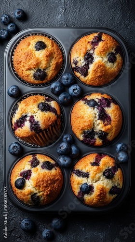 Freshly Baked Blueberry Muffins Cooling on a Countertop With Berries Scattere...