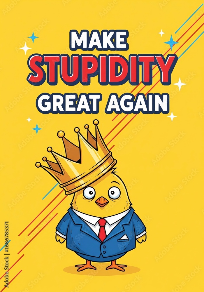 Fototapeta premium This humorous image cleverly satirizes political themes with a cartoon chick wearing a crown and a suit.