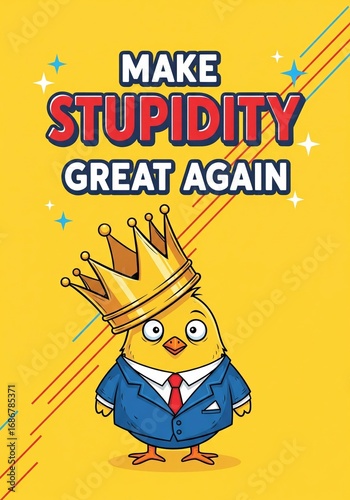 This humorous image cleverly satirizes political themes with a cartoon chick wearing a crown and a suit.