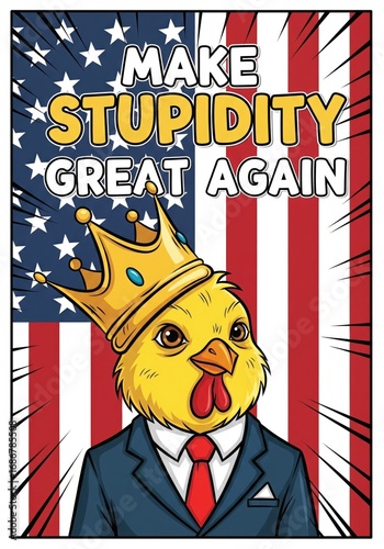 Satirical political artwork of a chicken in a suit with a crown.