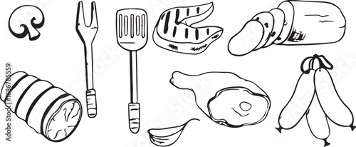Product Doodle Art with Everyday Items, Whimsical Design, Black and White, Playful, Creative, Artistic, Illustrated, Expressive, Unique, Bold, Dynamic, Fun, Iconic, Useful, Trendy, Everyday-Inspired D