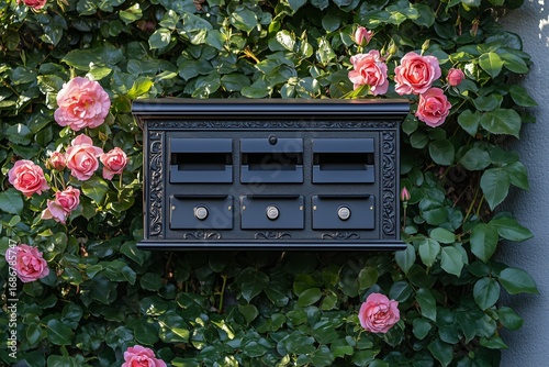 Black Mailbox Mounted on Green Wall Adorned With Pink Roses in Daylight