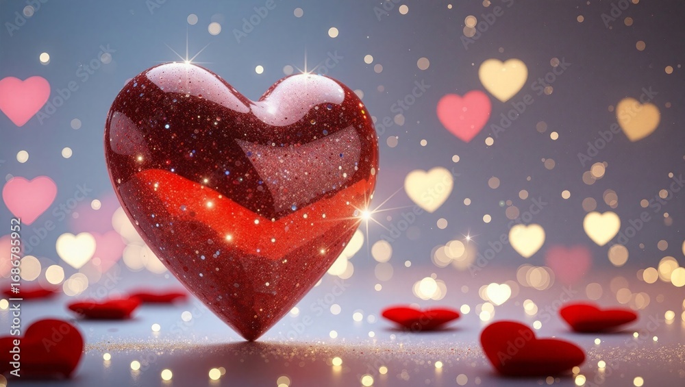 Obraz premium Glowing red heart shining with glitter on valentine's day background