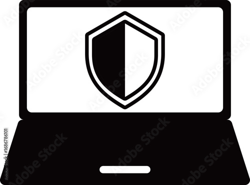 ノートパソコンと盾のアイコン　モノトーン