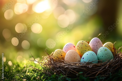 Colorful Easter Eggs in a Grass Nest Surrounded by Soft Light During a Sunny ...