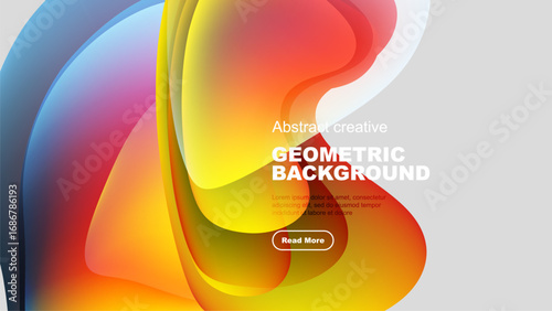 Abstract fluid shapes overlap, creating vibrant colorful background. Text promotes further exploration. Modern design elements present.