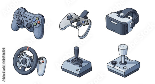 Gaming Device vector set Featuring Controller Joystick VR Headset Steering Wheel and Arcade Controls
