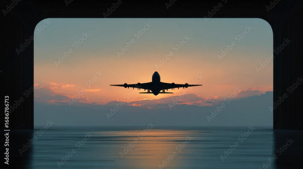 Fototapeta premium sunset airplane silhouette hangar view