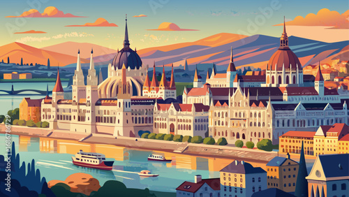 Budapest’s Danube Panorama, Hungary reveals grand parliament domes, neo-Gothic spires, and historic baths, illuminated along the riverbanks in a sweeping cultural and architectural ensemble.