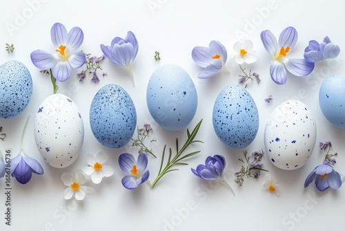 Decorative Spring Easter Eggs Surrounded by Fresh Flowers on a White Background.