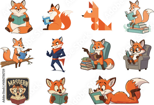 Charming fox reading book illustrations in various poses and activities, cute anthropomorphic animal characters for education, literature, and storytelling concepts