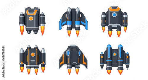 Futuristic jetpack vector icon set with colorful thrusters and designs
