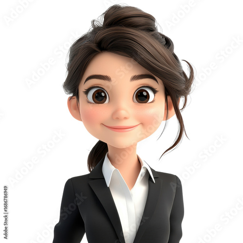 Friendly animated young woman with brown hair styled in a loose updo wea a black business suit and white shirt smiling at the camera
