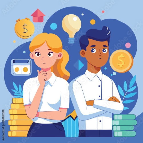 Young couple contemplating ideas surrounded by symbols of innovation and learning