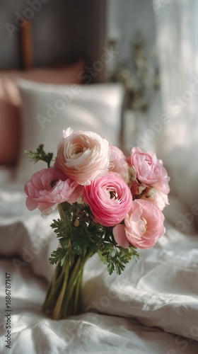 Beautiful Bouquet of Pastel Ranunculus Flowers on a Soft Couch With Sunlight ...
