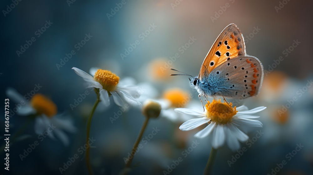 Fototapeta premium Orange butterfly perched on a white daisy in soft light