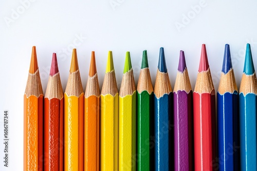 Vibrant Colored Pencils Arranged in a Straight Line on a White Background