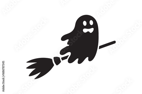 Cute and Spooky Ghost Riding a Broomstick on Halloween Night
