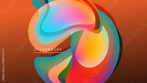 Abstract fluid shapes blend vibrant colors. Dynamic composition creates modern visual impact. Background is dark, contrasting bright forms.