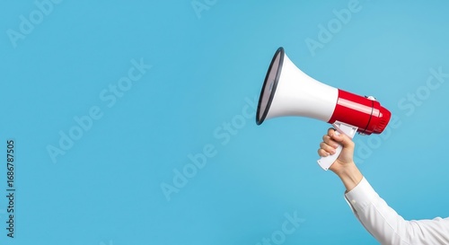 Close-up of a hand holding a megaphone against a bright blue background, ready to broadcast a message.