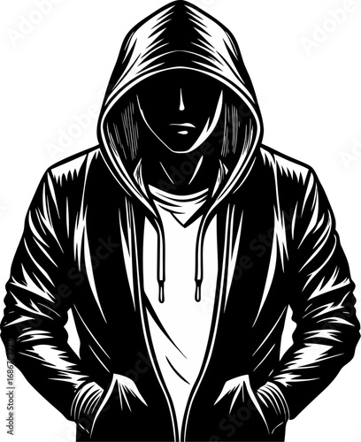 A mysterious hooded figure emerges from the shadows, embodying anonymity and intrigue. The monochromatic design evokes a sense of suspense, inviting viewers to ponder the wearer's hidden identity