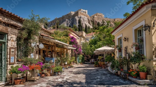 Fototapeta Naklejka Na Ścianę i Meble -  Athens Market: Traditional Neighbourhood of Plaka Under Acropolis Tower