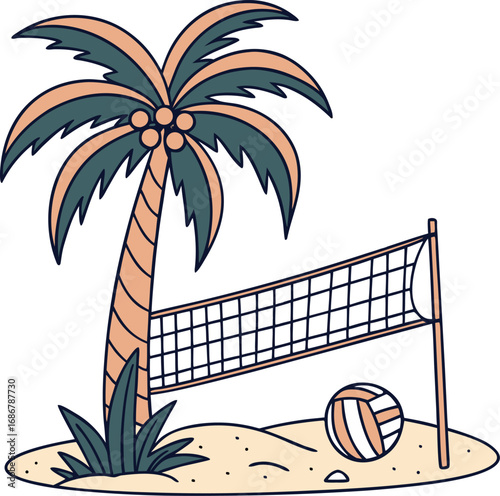 A vibrant beach scene unfolds featuring a serene palm tree swaying gently above a sandy volleyball court complete with a net and ball ready for a game