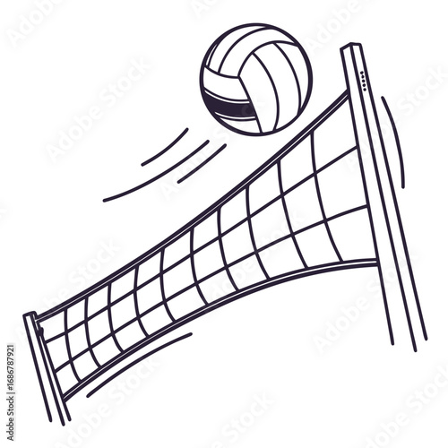 Dynamic Volleyball Game Illustration Capturing the Essence of Sport Excitement Featuring a Ball Soaring Over the Net in a Black and White Themed Artistic Rendition