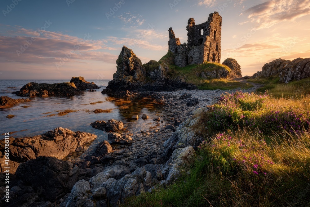 Fototapeta premium Ayrshire Castle Ruin on Scottish Coastal Sunset in Outdoors