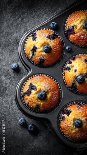Blueberry Muffins Cooling in a Black Muffin Tray on a Dark Countertop With Fr...