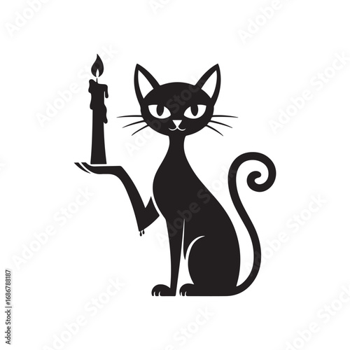 Mysterious and Spooky Black Cat with a Lit Candle Halloween Silhouette