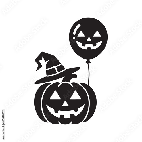 Spooky Halloween Jack-o'-Lantern with Witch Hat and Pumpkin Balloon