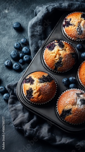 Freshly Baked Blueberry Muffins Cooling on a Countertop With Berries Scattere...