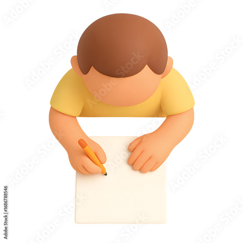 Top view of young boy writing on blank paper with orange pencil, soft pastel 3D cartoon illustration