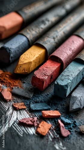 Vibrant Pastel Crayons and Pigments Arranged on a Textured Surface at an Arti...