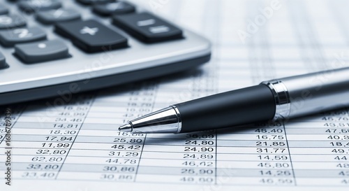 Calculator, pen, and detailed financial spreadsheet; business accounting concept.