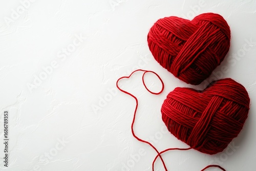 Heart-shaped Red Yarn Balls on a White Surface for Crafting and Decoration Pr...