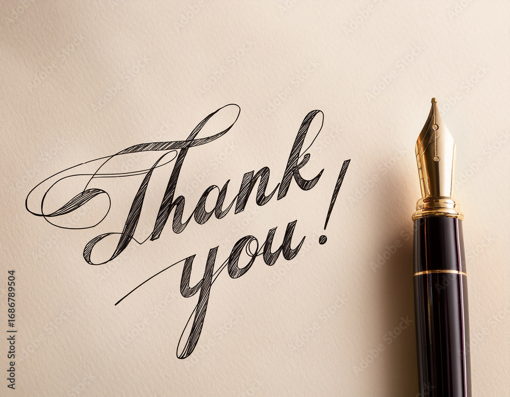 Fototapeta premium Handwritten Thank You Note With Pen on Wooden Desk