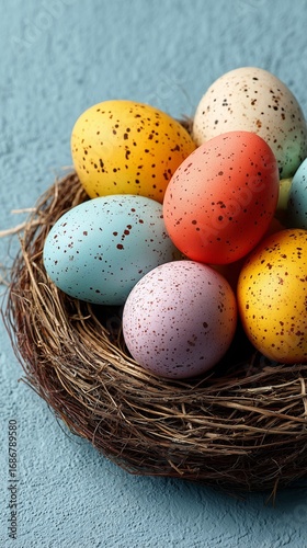 Colorful Speckled Eggs Arranged Beautifully in a Nest on a Purple Background.