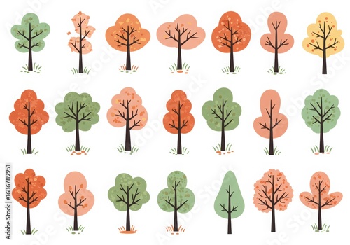 Collection of autumn trees on pure white background – set of minimalist trees in vector style illustration