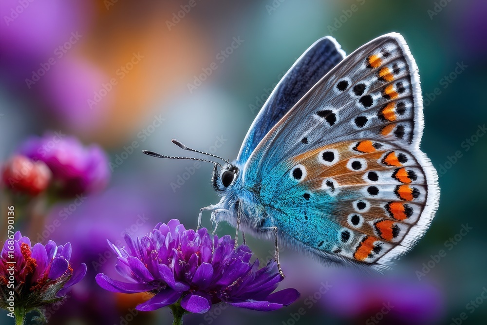 Obraz premium Vivid Blue Butterfly on Purple Flower Close Up