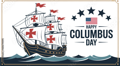 Fotografie Columbus Day illustration with sailing ship, red cross sails, American flag, arc